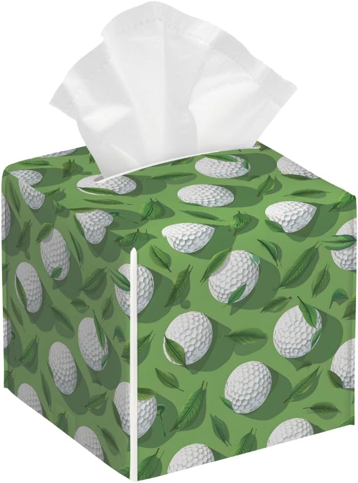 Square Leather Tissue Box Cover, Waterproof Napkin Dispenser with Golf Sports Golf Ball Print, Tissue Holder for Bathroom, Living Room, Bedroom, Office, and Car Decor