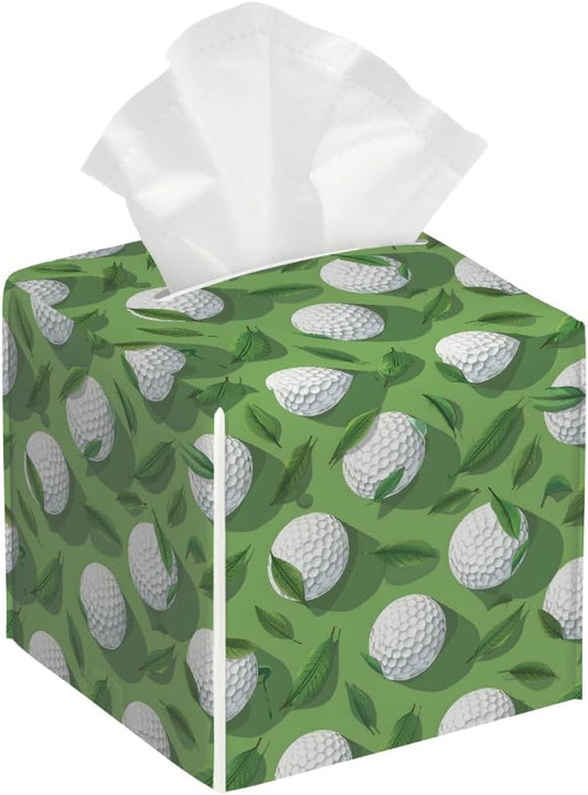 Square Leather Tissue Box Cover, Waterproof Napkin Dispenser with Golf Sports Golf Ball Print, Tissue Holder for Bathroom, Living Room, Bedroom, Office, and Car Decor