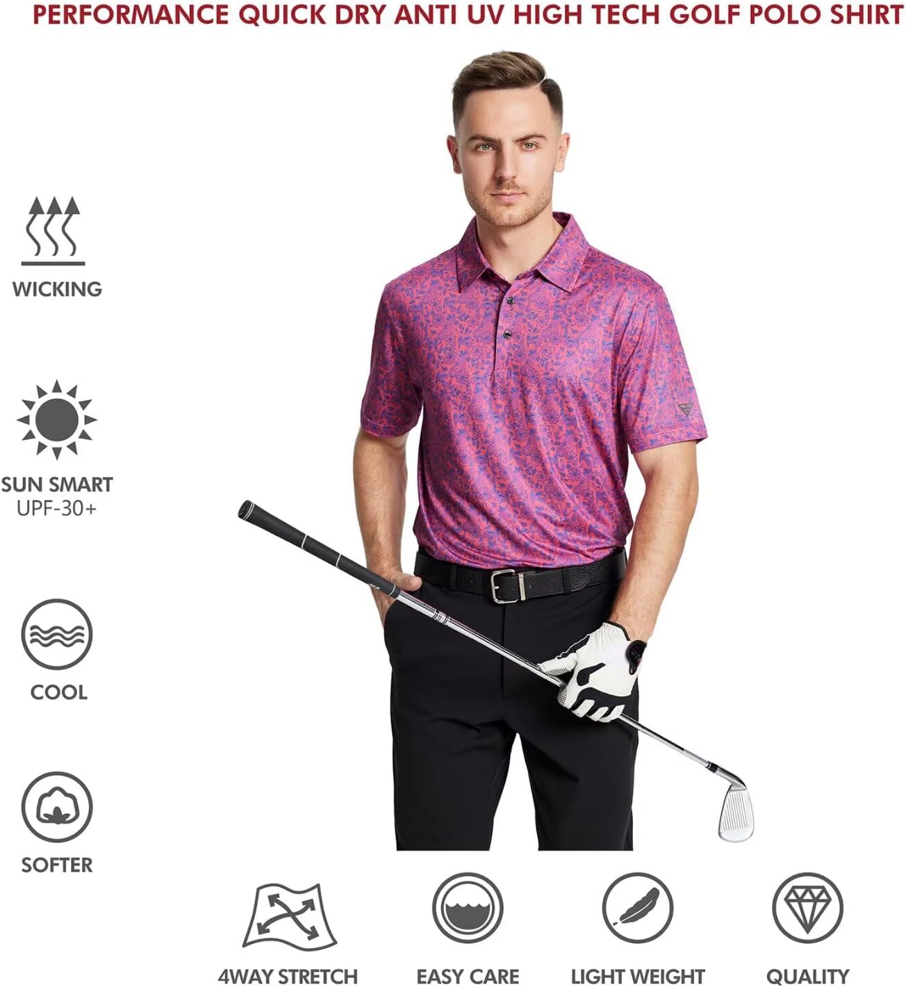 Golf Shirts for Men Dry Fit Short Sleeve Print Performance Moisture Wicking Polo Shirt