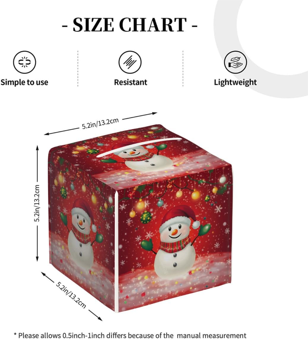 Cute Snowman Christmas Tissue Box Cover Square, PU Leather Facial Tissue Cube Box Holder, Xmas Modern Tissue Case Dispenser for Bedroom Tabletop Vanity Countertop