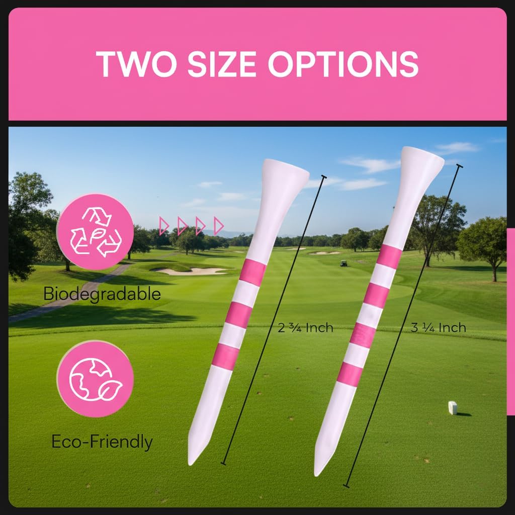 Bamboo Golf Tees Supporting Breast Cancer Research | 10% Profit Donation | Two Size Options (2 3/4" & 3 1/4") | Striped Pink and White | Biodegradable & Eco-Friendly