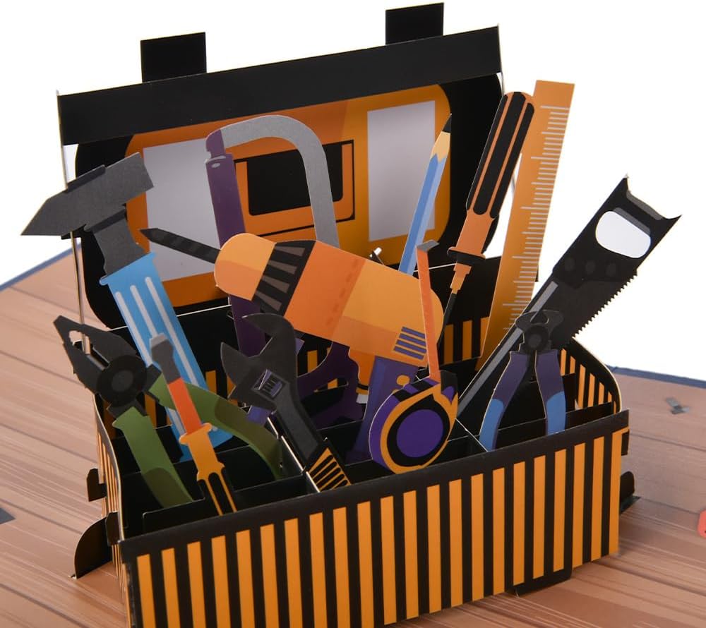 3D pop-up greeting card, hollowed out paper carving design,pop-up display Toolbox Greeting Card - Screwdriver/Toolbox Embossed Mechanical Wind Father's Day/Engineer Creative Gift Card- with envelope and blank label(Toolbox)