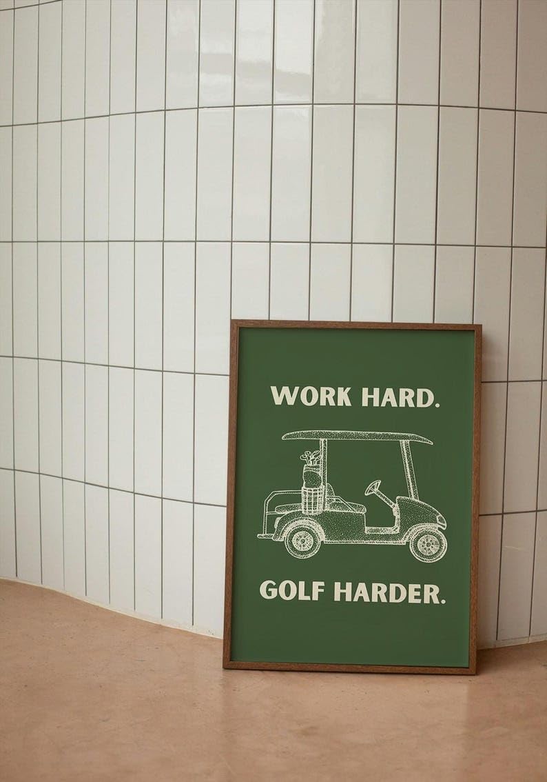Work Hard Golf Harder Poster, Funny Retro Golf Cart Wall Art Print, Vintage Sports Decor for Man Cave or Office, Retro Golf Artwork for Dog Lovers, Husband, or Golf Friends (Unframed) (9x11)