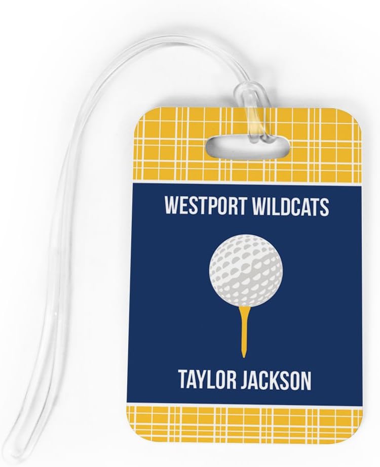 ChalkTalkSPORTS Golf Luggage & Bag Tag | Personalized Team with Golf Ball | Standard Lines on Back | Medium | Gold/Navy