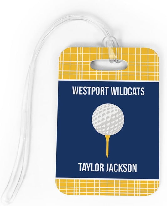 ChalkTalkSPORTS Golf Luggage & Bag Tag | Personalized Team with Golf Ball | Standard Lines on Back | Medium | Gold/Navy