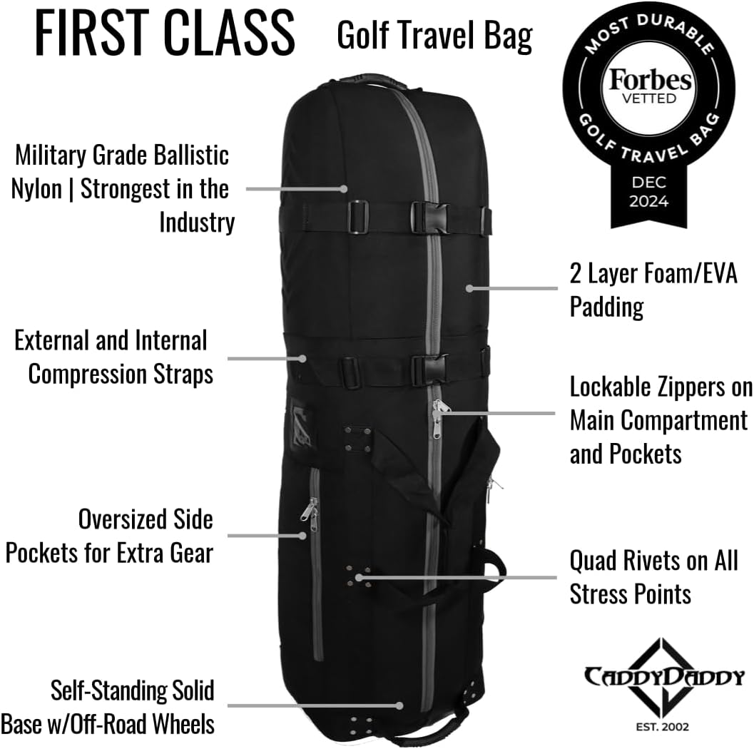 CaddyDaddy First Class Military Grade Ballistic Nylon Travel Cover with EVA Dense Foam Top Padding 2 Year Full Replacement Coverage Self Standing Base XL Wheels Case for Transporting Clubs on Airlines