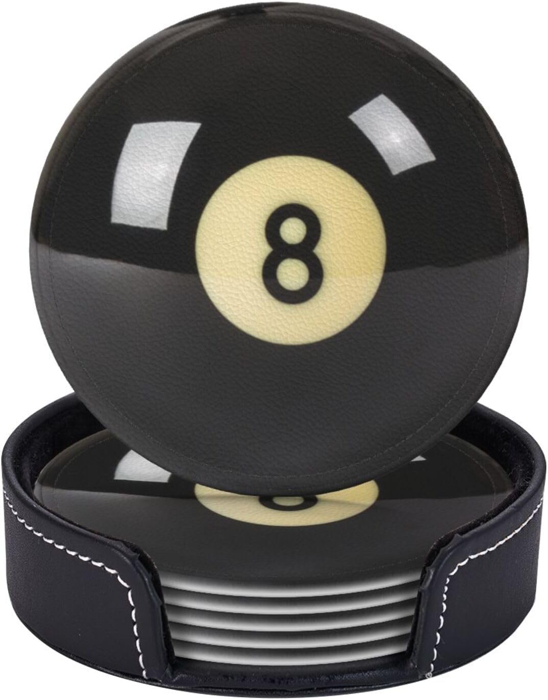 6 Pcs Black 8 Billiards Drink Coasters with Holder Coasters for Drinks Coffee Table Home Decor Housewarming Gift