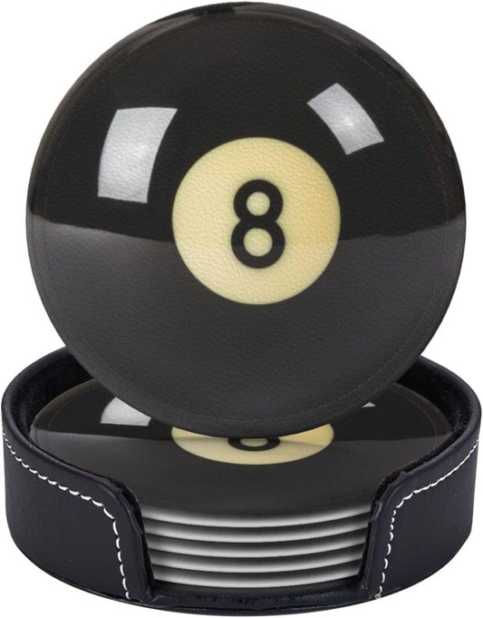 6 Pcs Black 8 Billiards Drink Coasters with Holder Coasters for Drinks Coffee Table Home Decor Housewarming Gift