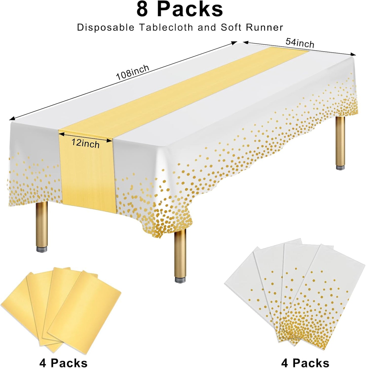 8 Packs Plastic Table Cloth Rectangle Table Disposable and Satin Table Runner, White and Gold Tablecloth Table Runner Cover for Baby Shower Birthday Wedding Anniversary Graduation Party Decorations