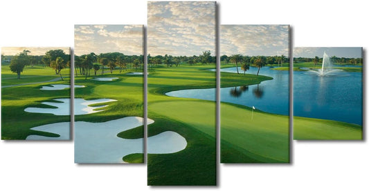 Golfing Link Scenery Paintings Green Meadow Pictures for Living Room Multi Panel Prints Wall Art on Canvas Contemporary Artwork Bedroom Home Decor Framed Gallery-Wrapped Ready to Hang - 60" W x 32" H