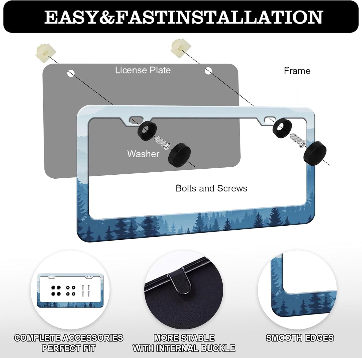 Mountain Forest License Plate Frames - 2 Pack Front Rear Mountains Tree License Plates Holder Covers, Aluminum Metal Rust-Proof Waterproof Car Tag Frame with Screws Fasteners Caps
