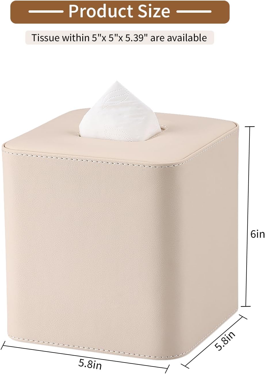 GORESE Leather Tissue Box Cover Square Kleenexs Box Cover, Cute Tissue Box Holder for Cube Box Tissues, Tissue Cover for Bedroom, Living Room, Bathroom, Beige