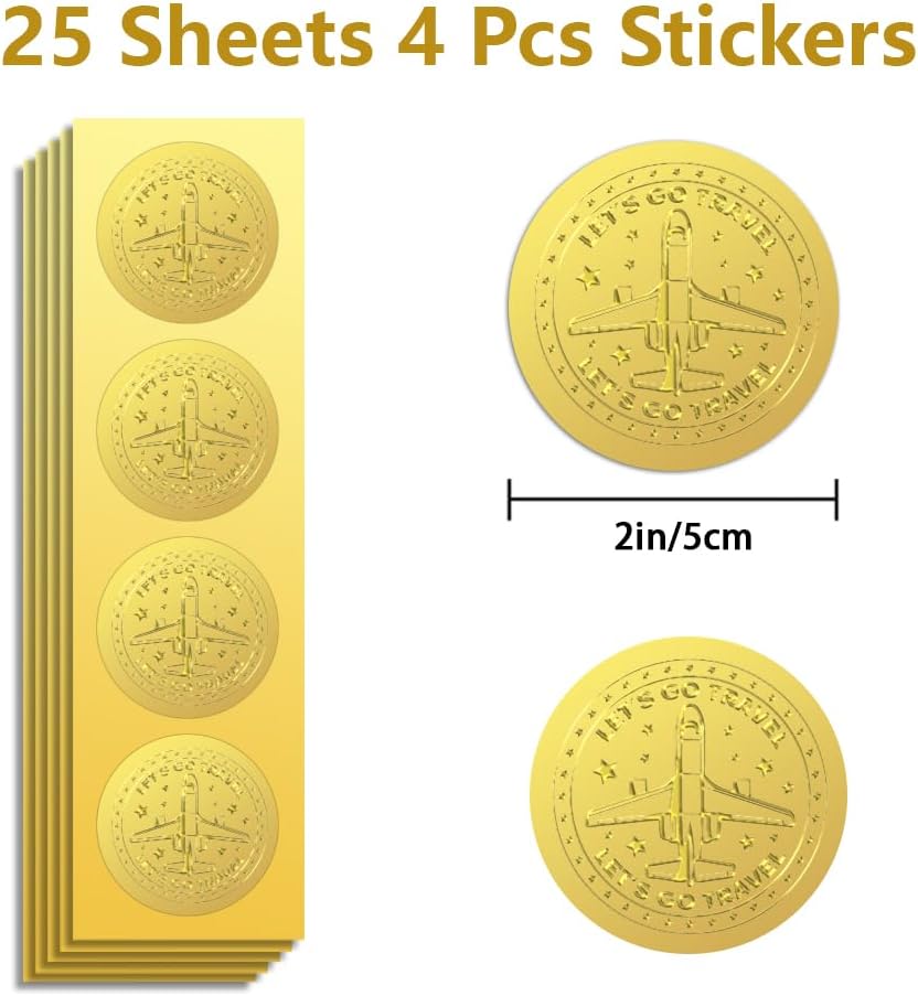 Peacoblue Gold Foil Stickers Seals Embossed 2 Inch 100Pcs Airplane with Let's go Travel, Self Adhesive Gold Around Embossing Sticker for Certificate Paper Envelope Seal Gift Card Present Decoration
