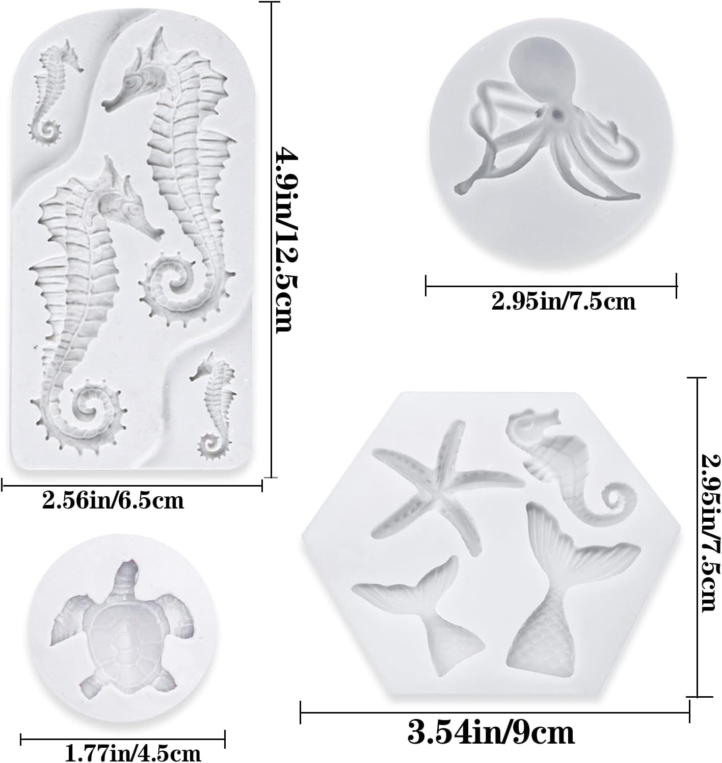 4 PCS Marine Theme Fondant Silicone Mold Hippocampus Turtle octopus Shape DIY Handmade Baking Tools, For Theme Cake Cookie Chocolate Candy Decoration Fondant Polymer Clay
