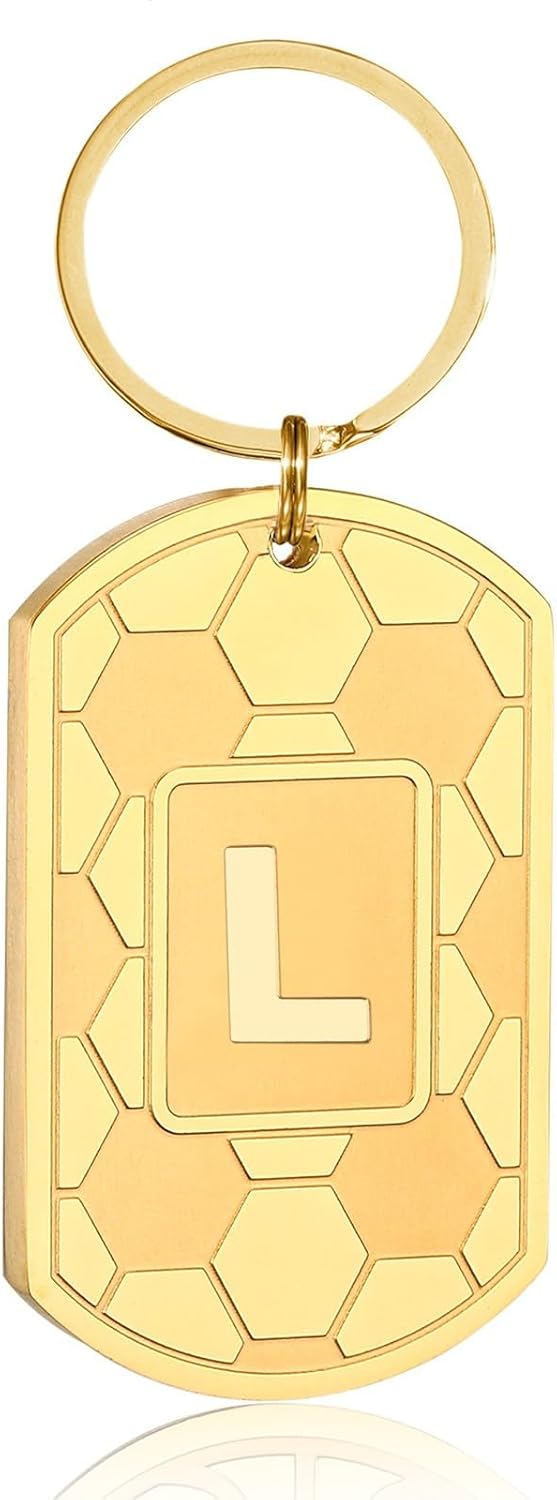 Initial Keychain Gifts for Men,Soccer Dog Tag Mens Keychains for Men Him Dad