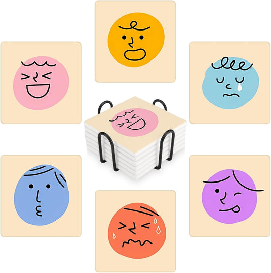 MAYCARI Cartoon Emotional Face Coasters Set of 6 Cork Backed Cute Coasters with Metal Holder Original Ceramic Surface Drink Cup Mats for Tabletop Protection Modern Desk Decoration Birthday Gifts