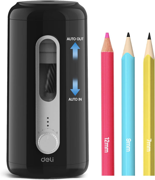Deli Electric Pencil Sharpener, Fully Automatic Pencil Sharpeners, Auto in & Out, Rechargeable Hands-Free Pencil Sharpener for 6.9-12mm, Home, Classroom, Battery Operated