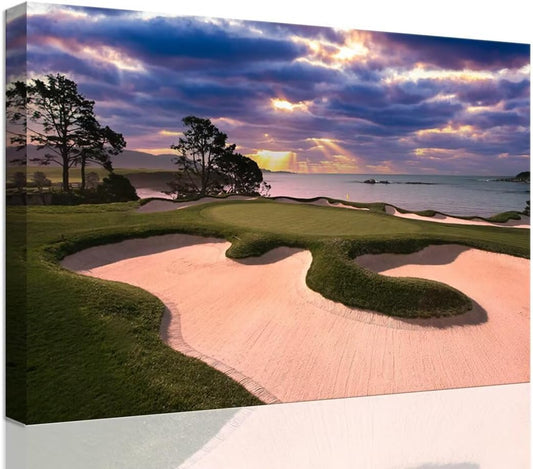 chenchenArt Pebble Beach Golf Course Wall Art for Living Room Bedroom Bathroom Home Decorations Golf Course Picture Poster Wall Decor for Office Canvas Prints Framed Ready to Hang(12''H x 16''W)