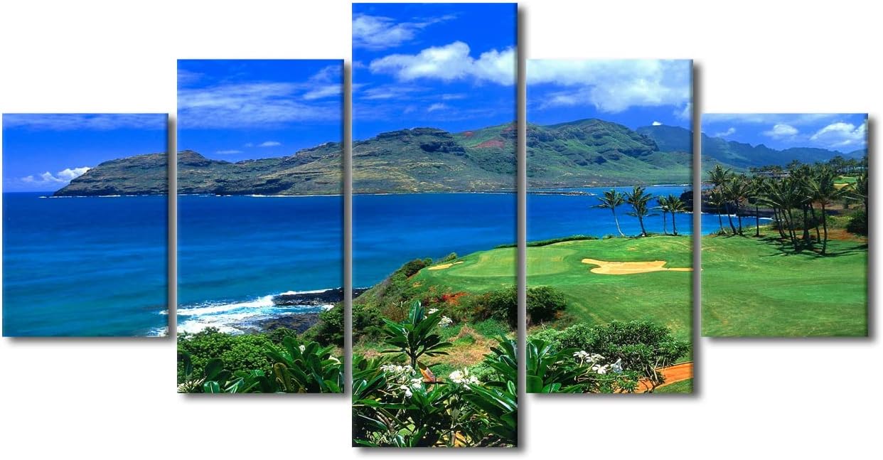 Golfing Wall Pictures for Living Room Golf Course Paintings Artwork 5 Piece Green Canvas Wall Art HD Prints Giclee Modern House Decor Wooden Framed Gallery-Wrapped Ready to Hang - 60" W x 32" H