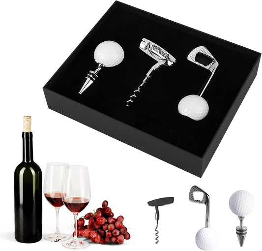 Golf Club Bottle Opener, Wine Opener & Stoppers Set Zinc Alloy Manual Wine Bottle Opener for Golf & Wine Lovers, Set of 3