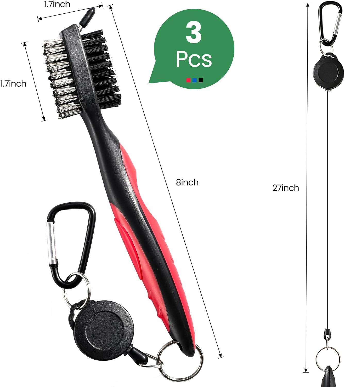 3 Pack Golf Club Brush and Club Groove Cleaner with Retractable Zip-line and Aluminum Carabiner Cleaning Tools , Golf Accessories, Golf Gifts for Men , Golf Ball Cleaner, Easily Attaches to Golf Bag