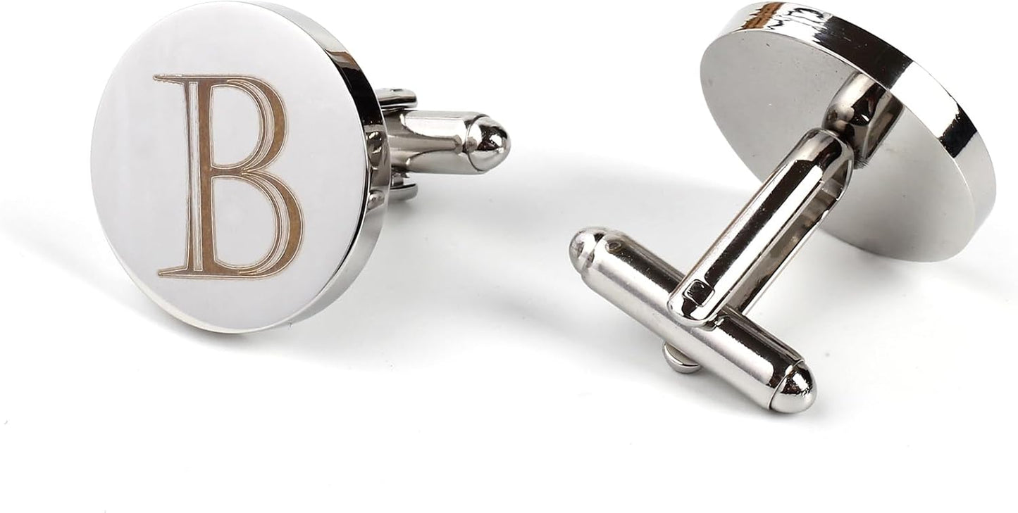 Mens Initial Silver Cufflinks A-Z Alphabet Letter Steel Cuff Links with Engraved Walnut Wood Box Groom Groomsman Wedding Set…
