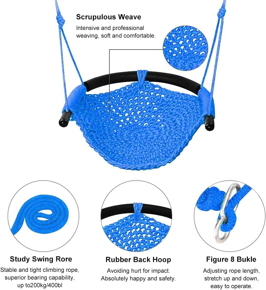 Hand-Knitting Toddler Swing, Swing Seat for Kids with Adjustable Ropes, Little tikes Swings Set, for Outdoor Indoor, Playground, Backyard (Blue+Pink)