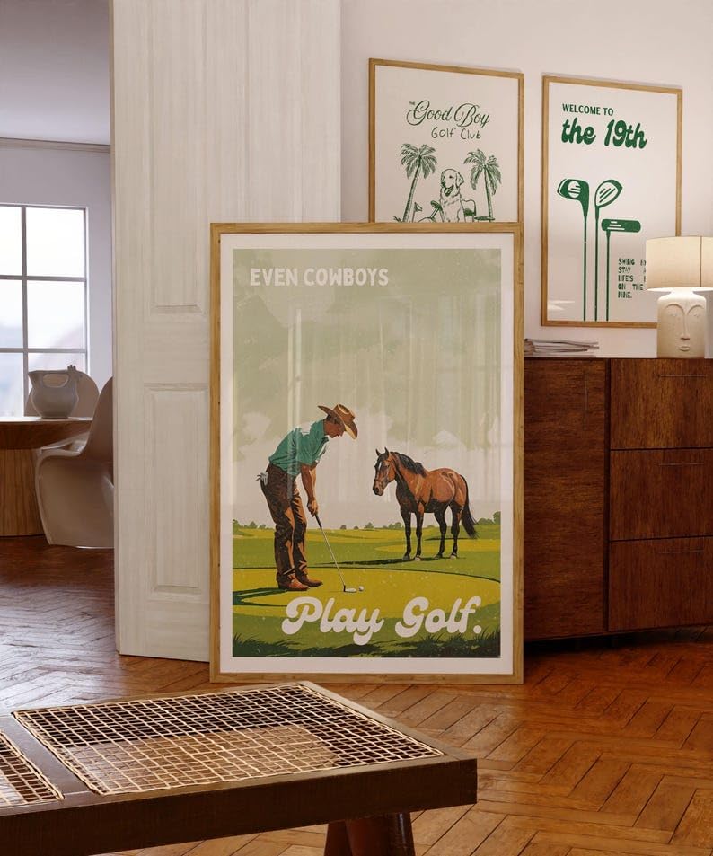 Even Cowboys Play Golf Poster, Retro Western Wall Art Print, Funny Cowboy Playing Golf with Horse, Vintage Style Golf Decor, Funny Golf Poster, Ideas for Bar, Lounge, or Game Room (Unframed) (9x11)