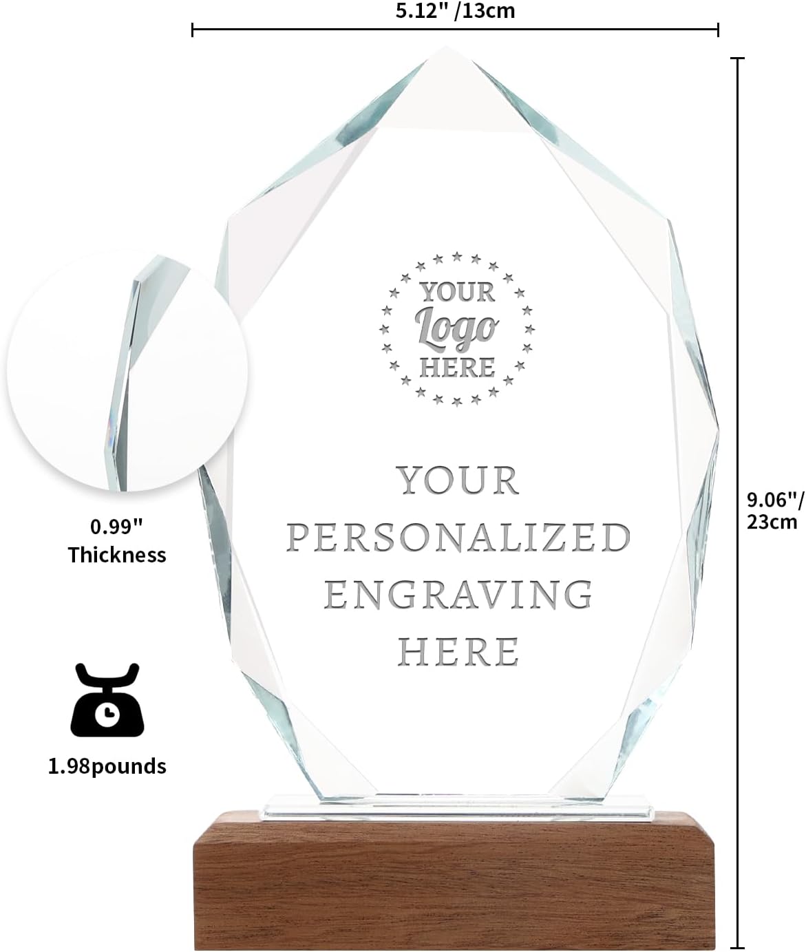 Personalized Crystal Trophy Award with Solid Wood Base - Custom Engraved Plaques for Employee Recognition, Sports Trophies, Thanks Gifts