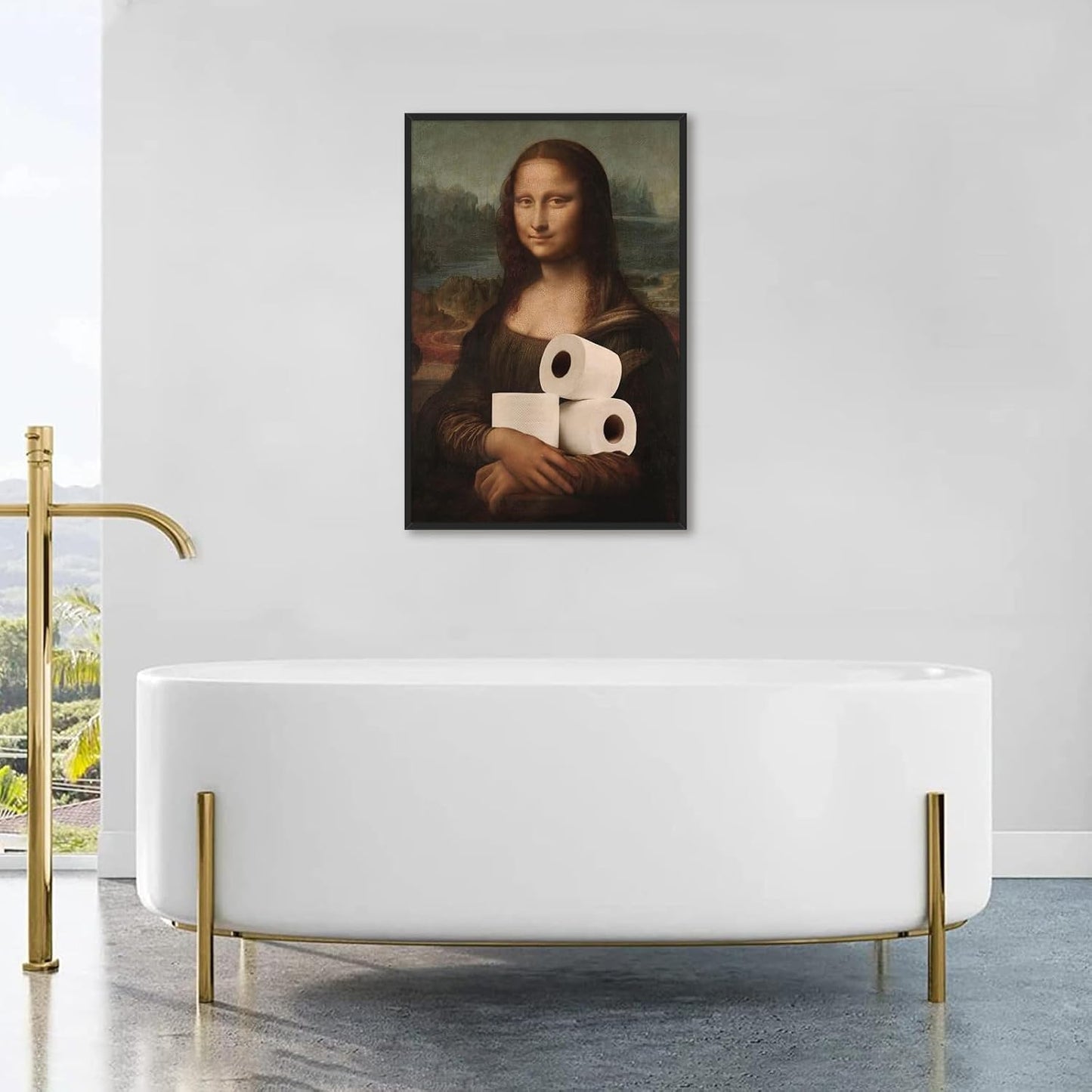 Funny Bathroom Wall Art Classical Oil Painting Mona Lisa and Toilet Paper Poster Amusing Prank Canvas Prints Vintage Humor Wall Decor for Restroom 16x24in Framed