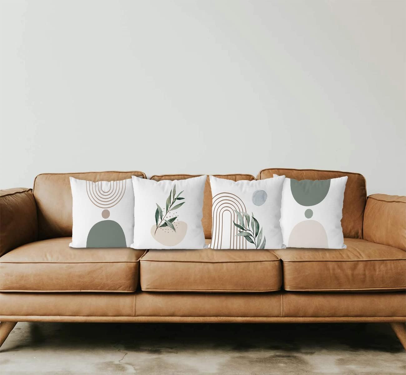 KEUSPI Bohemian Throw Pillow Covers 18×18 Set of 4,Bohemian Home Decor,Boho Green Geometric Plant Pillow Covers Abstract Boho Beige Rainbow Botanical Leaf Pillow Covers