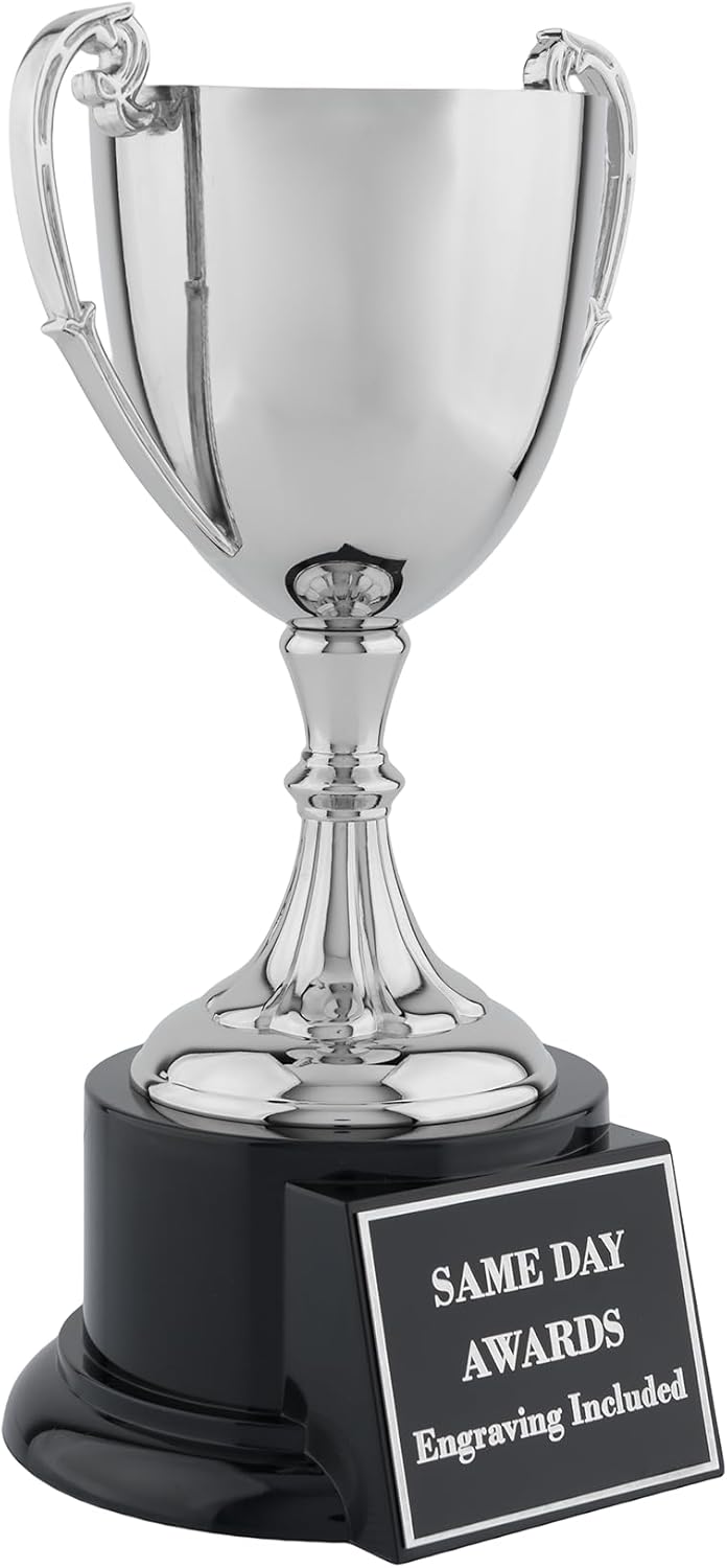 Elite Nickel-Plated Metal Trophy Cup – Custom Engraved Award Polished Finish on Ebony Wood Base, Premium Recognition for Golf, Tennis, Corporate Awards, Championship Events & Competitions