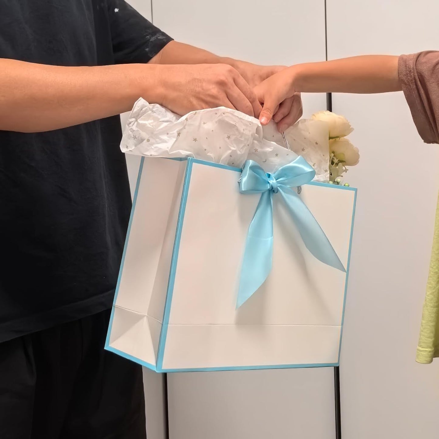 TKSBAG 12PCS Gift Bags Medium Size with Handles, 12.5 x 9.8 x 4.3 In Light Blue Thank You Bags with Bow Ribbon for Wedding, Birthday, bridesmaid, Baby Shower, Party Favors, Thanksgiving, Christmas