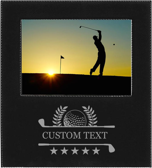 Crossed Golf Clubs, Golf Ball Faux Leather Black Leatherette Personalized Group Picture Family 4x6 Custom Landscape Horizontal Kid's Photo Customized Frame