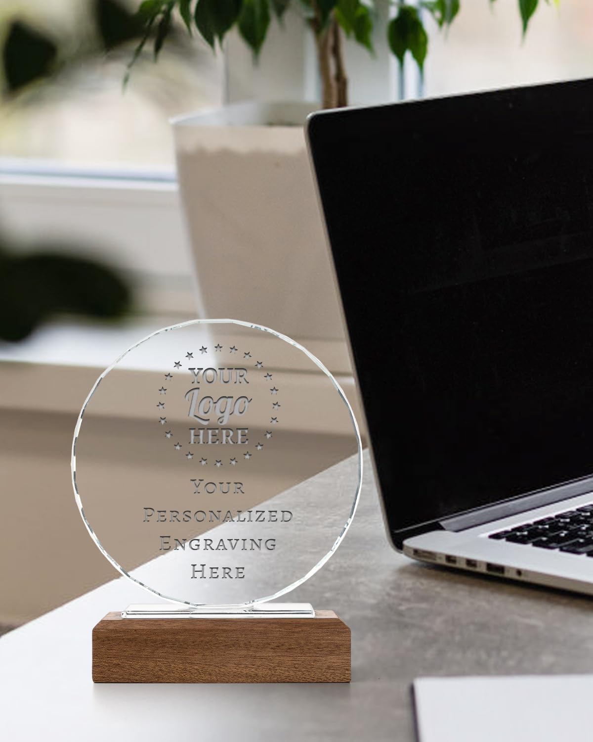 Personalized Crystal Trophy Award with Solid Wood Base - Custom Engraved Plaques for Employee Recognition, Sports Trophies, Thanks Gifts