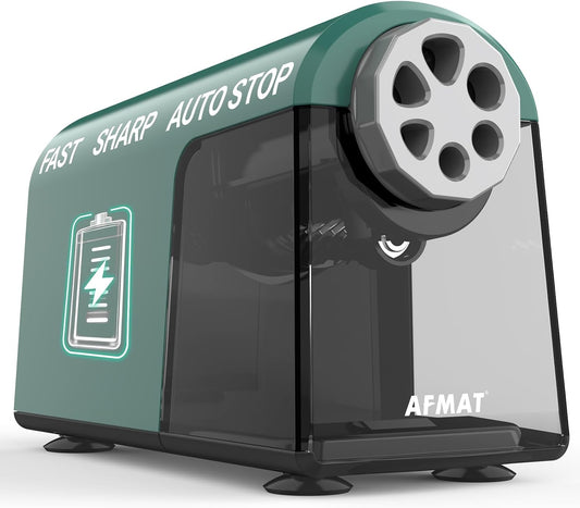AFMAT PSD2 Electric Pencil Sharpener Heavy Duty, 6 Holes, Cordless & Rechargeable, Fast Sharpen, Auto Stop, 10K+ Uses, Classroom Pencil Sharpener for 6-11mm No.2/Large/Colored Pencils, Green