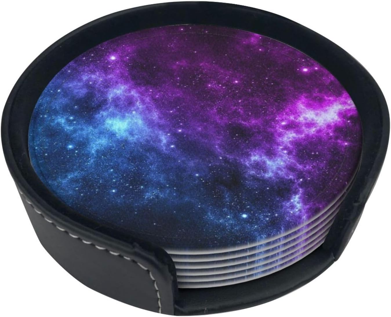 Cool Space Galaxy Blue Purple Planet Star Coasters for Drinks Round Leather Coaster with Holder Set of 6 for Tabletop Protection Desk Accessories Office Home Room Decor