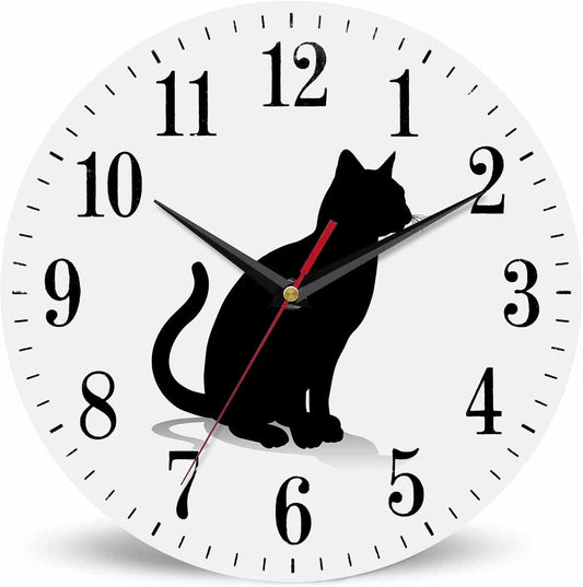 Mxocom Cat Silhouette Wall Clock Pet Animal Kitten Standing Black Outline 10 Inch Silent Non Ticking Battery Operated Clock Vintage Round Clock for Living Room Bedroom Bathroom Office Decor