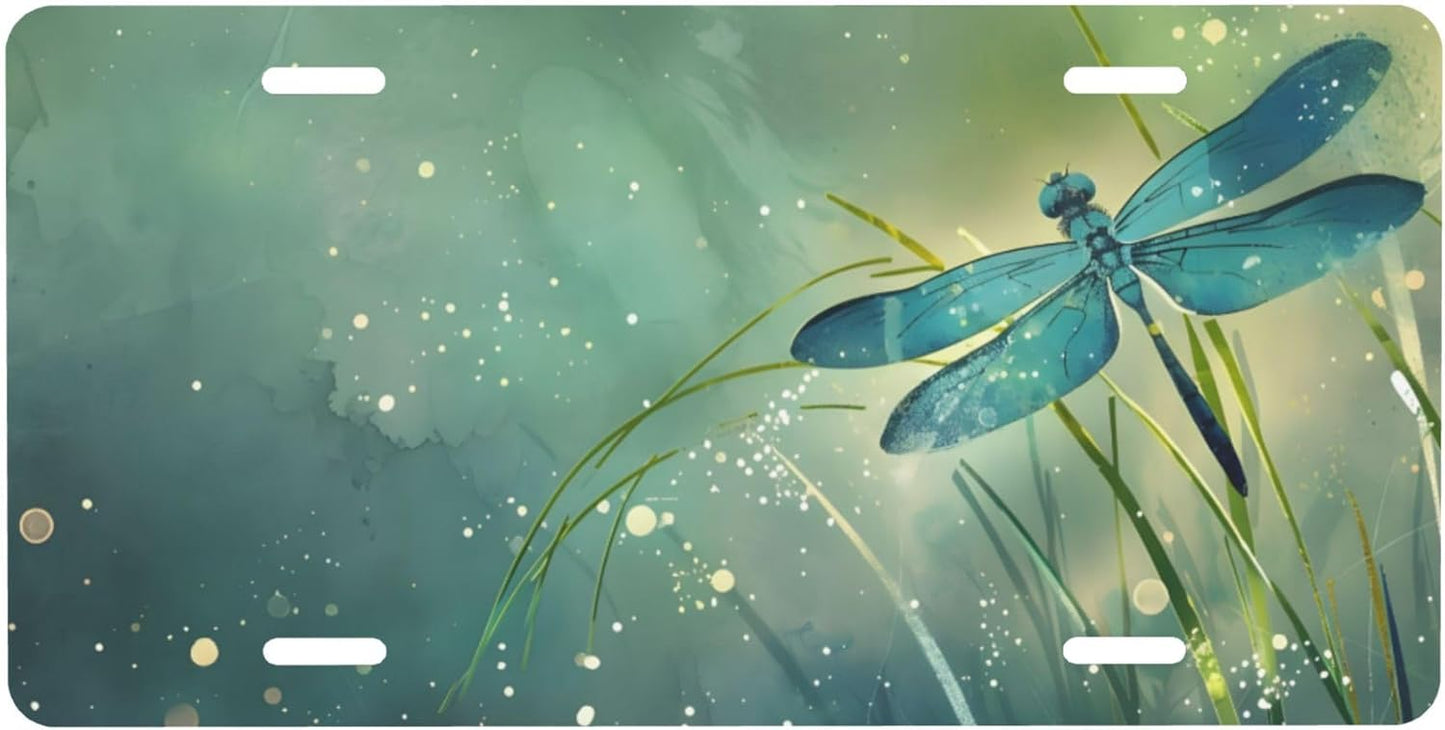 Green Animal Dragonfly Leaf Front License Plate for Car Designs Stainless License Plate Cover Holder for Men Women Metal Aluminum Decorative Accessory Vanity Tag Standard 6 X 12 Inch (4 Holes)