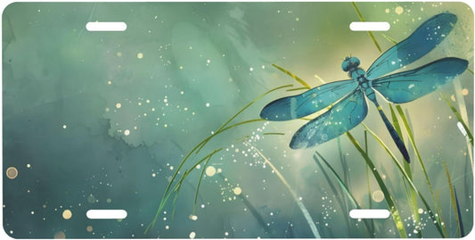 Green Animal Dragonfly Leaf Front License Plate for Car Designs Stainless License Plate Cover Holder for Men Women Metal Aluminum Decorative Accessory Vanity Tag Standard 6 X 12 Inch (4 Holes)