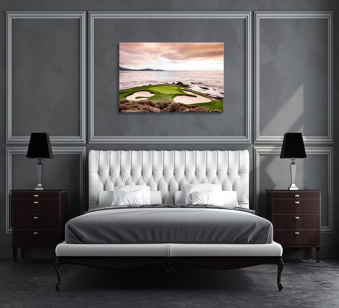 USA California Golf Course Wall Art for Living Room Bedroom Bathroom Home Decorations Coastline Golf Course Greens and Bunkers Picture Poster Framed Artwork Canvas Prints Ready to Hang(12''H x 16''W)