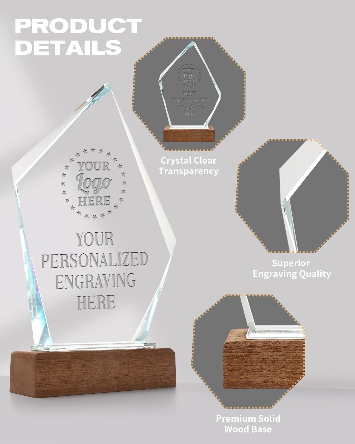 Personalized Crystal Trophy Award with Solid Wood Base - Custom Engraved Plaques for Employee Recognition, Sports Trophies, Thanks Gifts