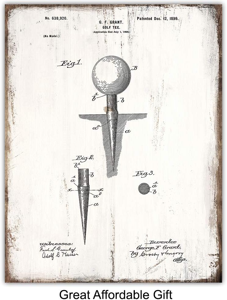 Golf Balls, Clubs, Tees, Bags Patent Print Wall Art - Rustic Room Decor for Office, Man Cave, Den, Living Room - Gift for Men, Teens, Guys, Golfing Sports Fan, Golfer - Sign Print Photo Plaque Set