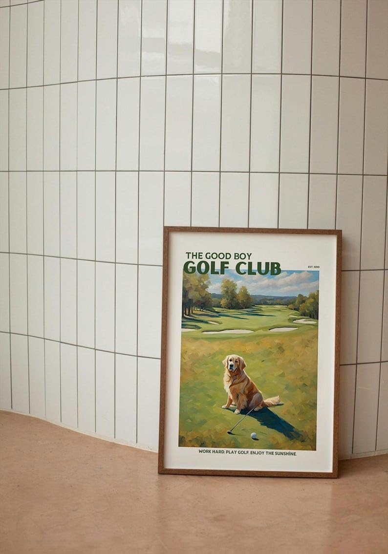 Nationcog Good Boy Golf Club Poster, Golden Retriever Dog on Golf Course Wall Art, Funny Retro Golf Print, Retro Golf Artwork for Dog Lovers, Husband, or Golf Friends (Unframed) (9x11)