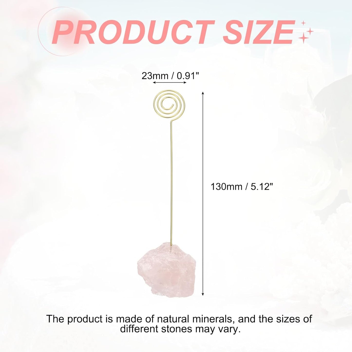 PATIKIL Table Number Holder, 1Pcs Photo Clip Holders Crystal Stone Quartz Desk Card Holder Raw Lollipop Shape Iron Memo Note Photo Stand for Wedding Party Home Office Decor, Pink