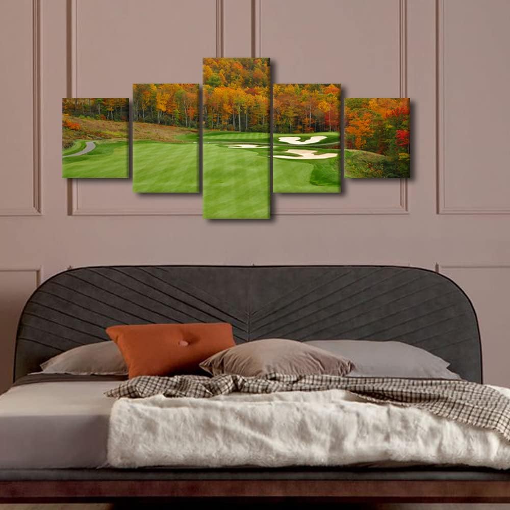 5 Piece Golf Course North Carolina Mountains Fall Nature Landscape Wall Art Office Wall Decor Pictures Paintings for Living Room Bedroom Canvas Prints Posters Framed Ready to Hang - 50"W x 24"H