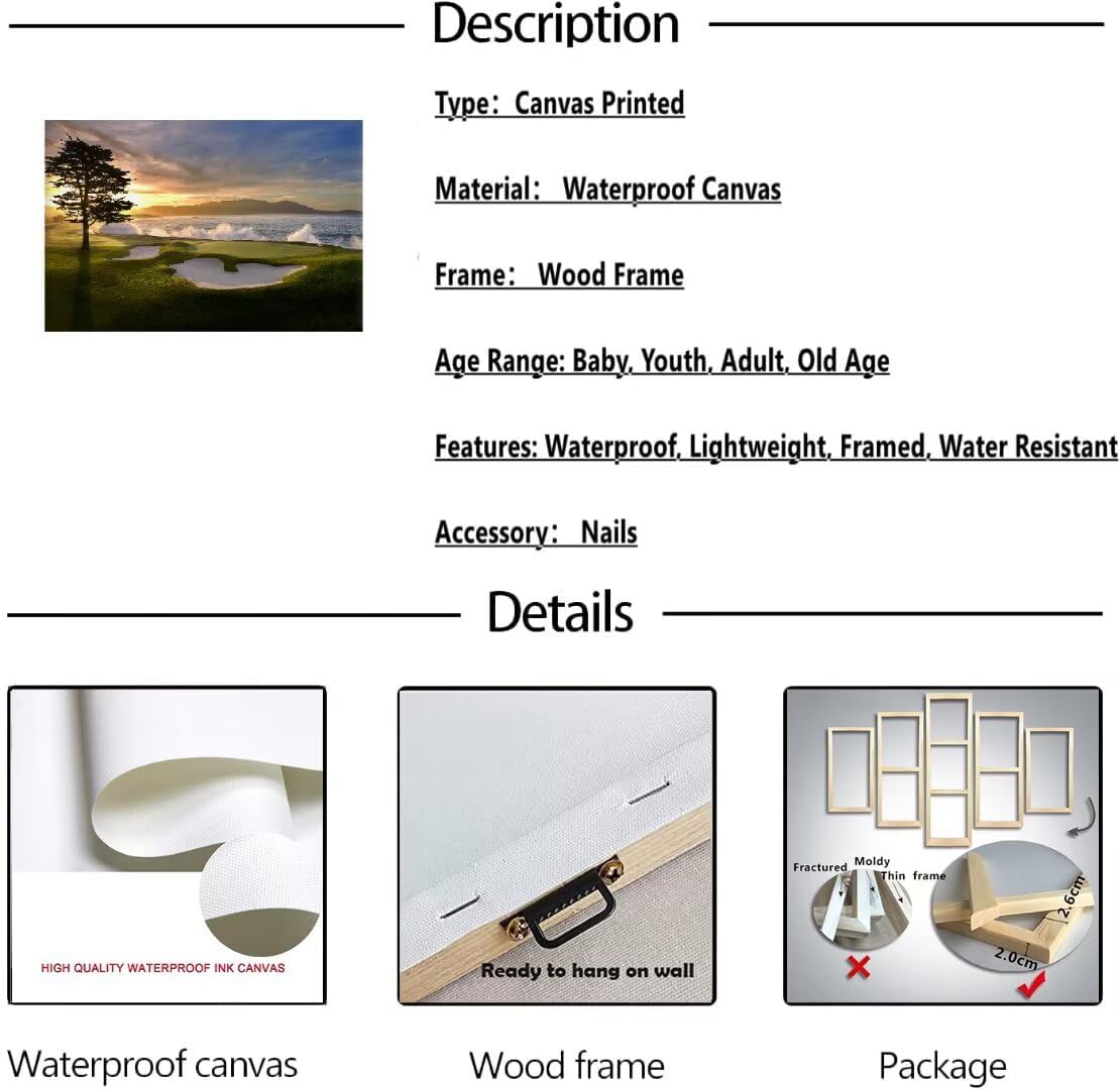 chenchenArt Pebble Beach Golf Course Wall Art Pictures Golf Course Poster Canvas Prints Golf Artwork Wall Decor for Living Room Bedroom Bathroom Home Decorations Framed Ready to Hang(12''H x 16''W)