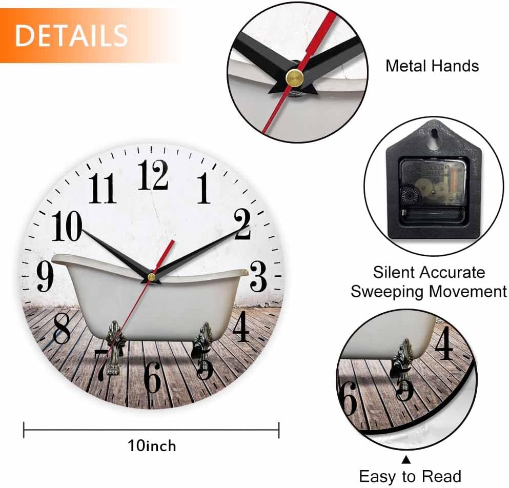 Mxocom Vintage Bathtub Wall Clock Bathroom White Old Wall Wood Floor 10 Inch Silent Non Ticking Battery Operated Clock Vintage Round Clock for Living Room Bedroom Bathroom Office Decor
