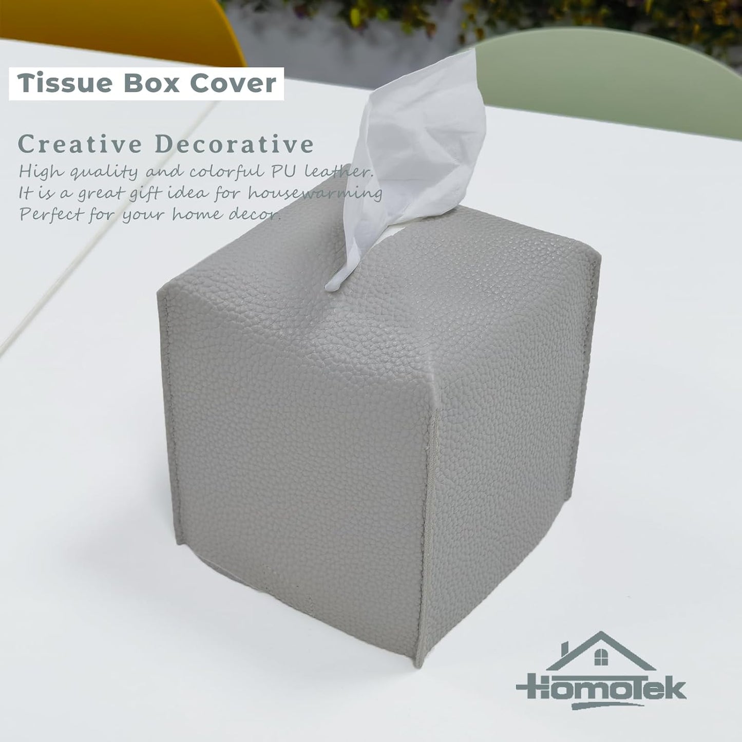 HOMOTEK 2 Pack Tissue Box Cover, Square PU Leather Tissue Holder, Decorative Facial Tissue Cube Paper Organizer Dispenser for Bathroom, Night Stands, Desk, Car 5X5X5'' - Light Gray, Pebble Grain