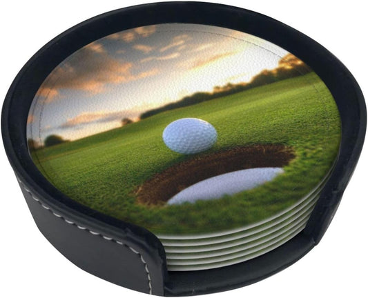 Funny Golf Scenery Coasters for Drinks Round Leather Coaster with Holder Set of 6 for Tabletop Protection Desk Accessories Office Home Room Decor